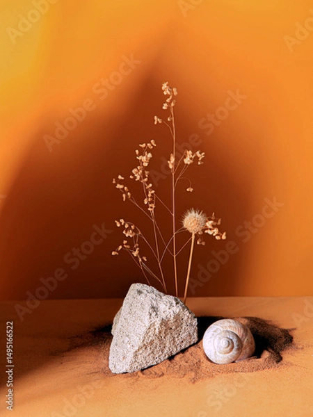 Fototapeta Composition Podium Grass Dried flower and snail . Composition of travertine and granite blocks. Abstract modern background. Natural materials vertical frame