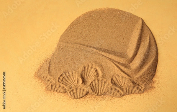 Fototapeta sand with Shell prints on a yellow background natural background top view. copy space. shadow on the background for cosmetic perfume fashion natural product