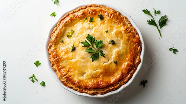 Fototapeta Flat lay on vegetarian pie with cauliflower and broccoli. Plate is standing on white neutral background.