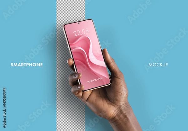 Fototapeta A womans hand holding a smartphone mockup