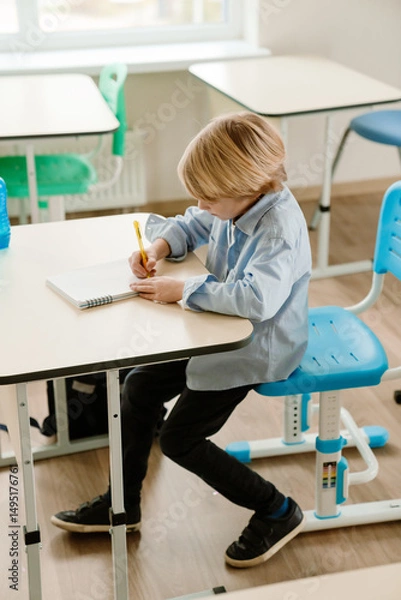 Fototapeta A schoolboy sits at a desk and writes with a pen in a notebook, at school, in the classroom