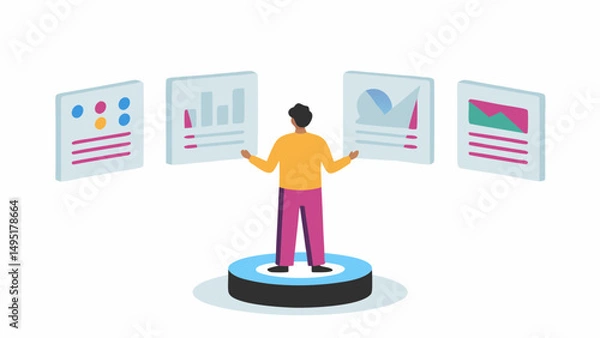 Obraz A person standing on a platform surrounded by floating data visualization displays with charts and graphs