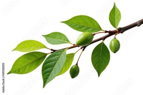 Fototapeta Isolated branch with seed pods and leaves on white background, trees, stark