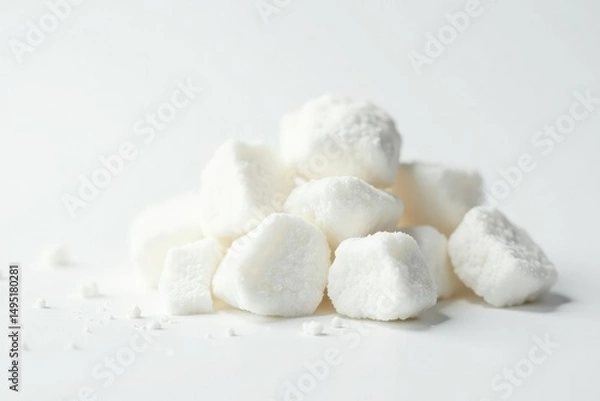 Fototapeta Lumps of refined white sugar against white backdrop, texture, refined sugar, white backdrop