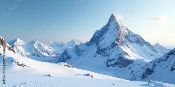 Fototapeta Mountain peak rising above snow-covered terrain, expansive, untouched, highland