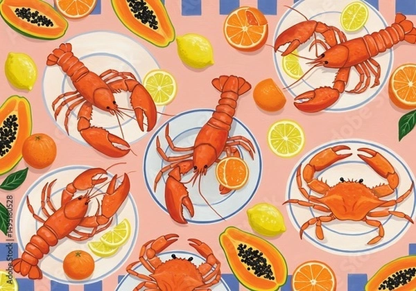 Fototapeta Lobsters and crabs with citrus fruits on plates, seamless pattern