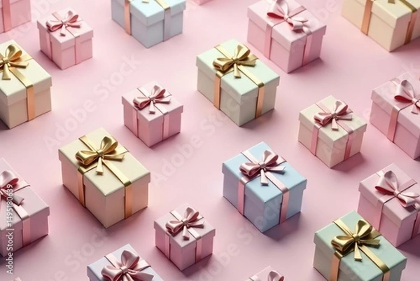Fototapeta Pastel coloured small gift boxes, whimsical repeating pattern, baby, background