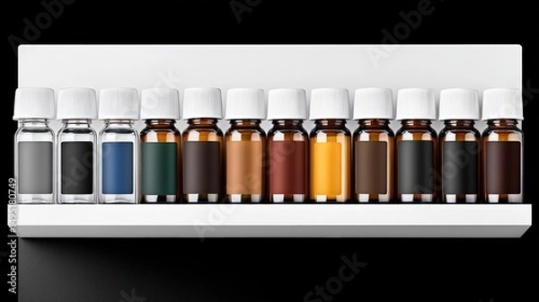 Obraz Cleanroom storage shelf with various pharmaceutical vials arranged in rows by color: clear, blue, amber, green.