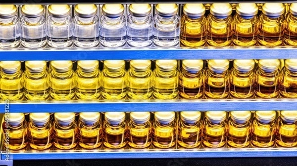 Obraz Cleanroom storage shelf with various pharmaceutical vials arranged in rows by color: clear, blue, amber, green.
