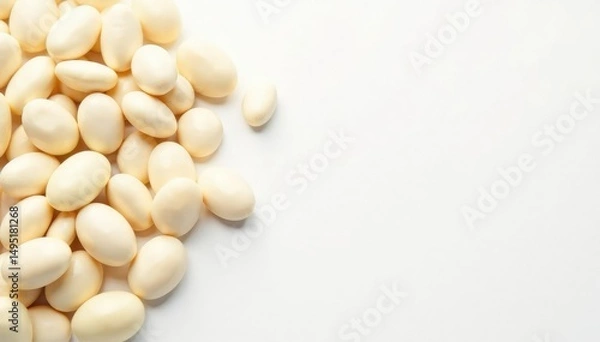 Fototapeta Scattered white beans on pristine white background, pulses, cooking ingredient