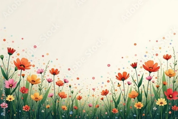 Fototapeta Scattered wildflowers, stylized minimalist style, white, tiny