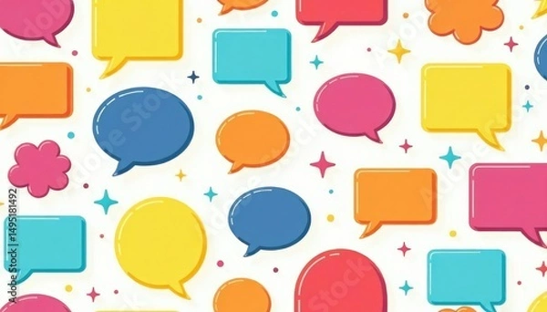 Fototapeta Seamless pattern of colorful speech bubbles on white background, illustration, simple, whimsical
