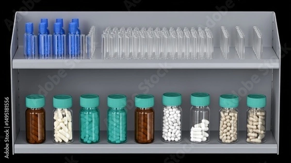 Obraz Cleanroom storage shelf with various pharmaceutical vials arranged in rows by color: clear, blue, amber, green.
