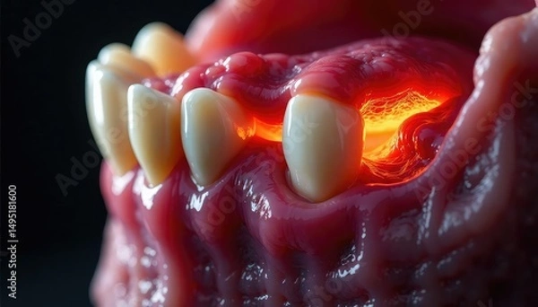 Fototapeta Severely inflamed gum surrounding infected tooth, periodontitis, red