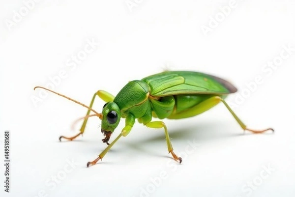 Fototapeta Single green insect with visible detail against stark white, detail, design element, image