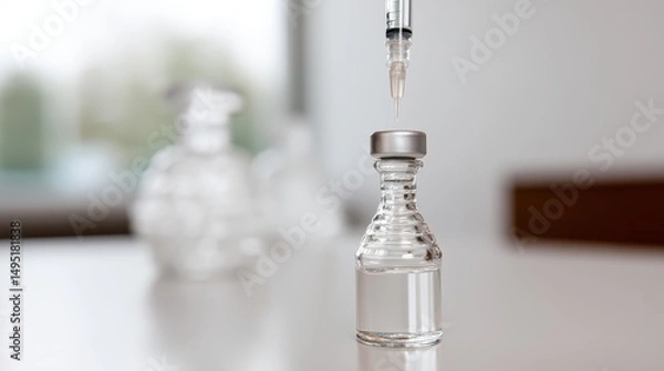 Obraz Close-up of a pharmaceutical vial being filled with a precision nozzle, glass bottle in center of frame with white label visible.