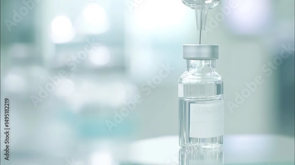 Obraz Close-up of a pharmaceutical vial being filled with a precision nozzle, glass bottle in center of frame with white label visible.