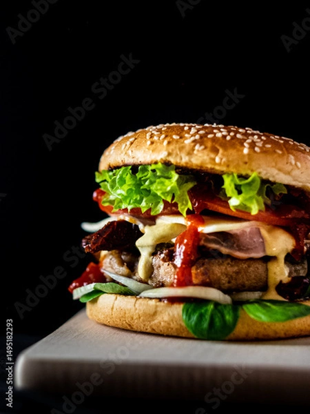 Fototapeta Juicy hamburger with Lettuce and Sauce on Wooden Board