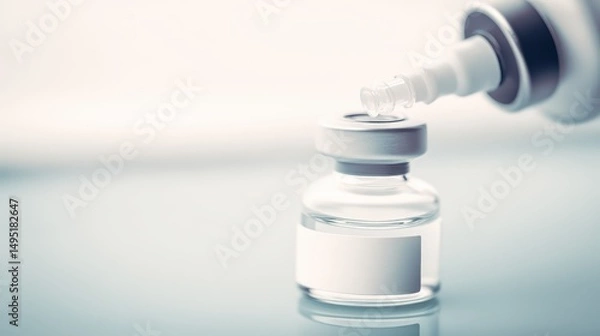 Obraz Close-up of a pharmaceutical vial being filled with a precision nozzle, glass bottle in center of frame with white label visible.