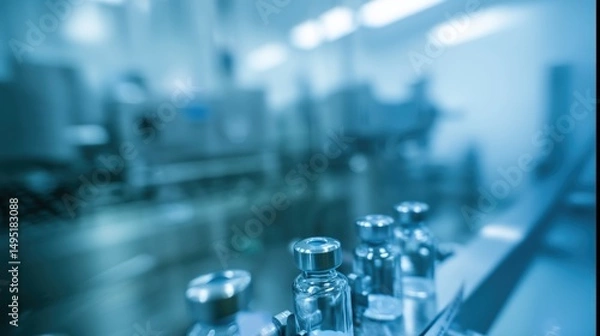 Obraz Automated pharmaceutical production line filling glass vials with liquid medicine, showcasing modern sterile manufacturing in a biotech facility.