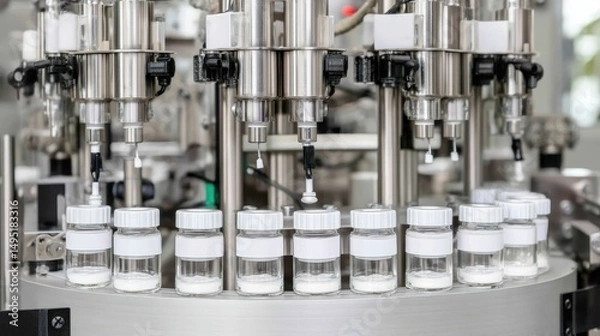 Obraz Automated pharmaceutical production line filling glass vials with liquid medicine, showcasing modern sterile manufacturing in a biotech facility.