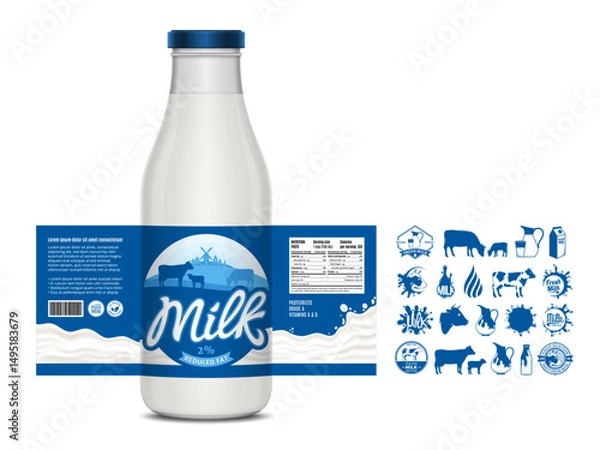 Fototapeta Vector milk label design, packaging design template. Milk bottle with label. Dairy icons and design elements
