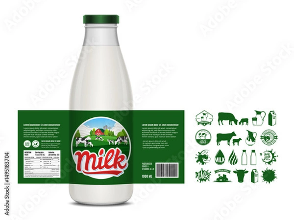 Fototapeta Vector milk label design, packaging design template. Milk bottle with label. Dairy icons and design elements, dairy farm illustration