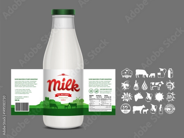 Fototapeta Vector milk label design, packaging design template. Milk bottle with label. Dairy icons and design elements, dairy farm illustration