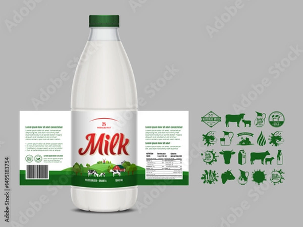 Fototapeta Vector milk label design, packaging design template. Milk bottle with label. Dairy icons and design elements, dairy farm illustration