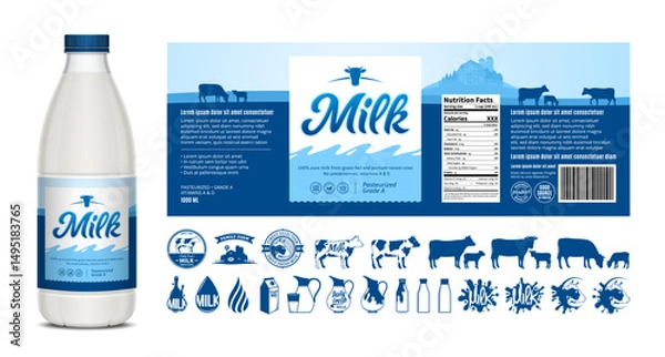 Fototapeta Vector milk label design, packaging design template. Milk bottle with label. Dairy icons and design elements, food banner, dairy illustrations