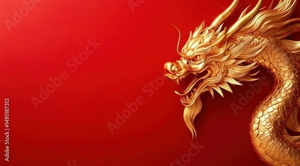 Obraz Golden dragon head on a red background