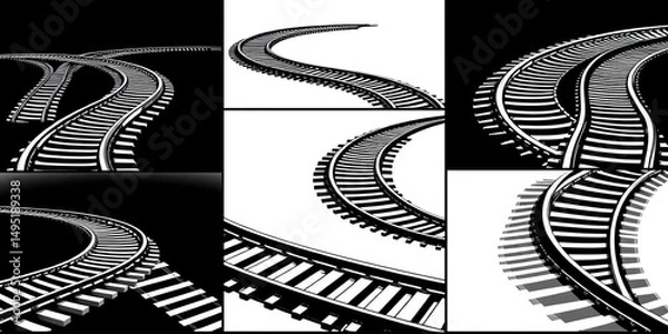 Fototapeta Abstract black and white vector illustrations of curved and wavy railway tracks; various designs with ample empty space, curve, abstract