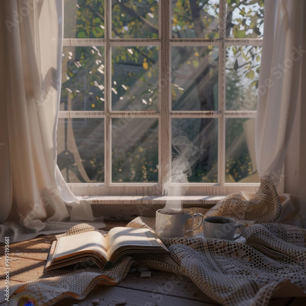 Obraz Cozy Autumn Morning: A steaming cup of tea, an open book, and soft sunlight streaming through a rustic windowpane create a scene of quiet autumnal comfort. 