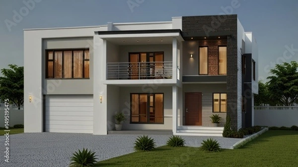 Fototapeta Modern two-story home design with garage and balcony