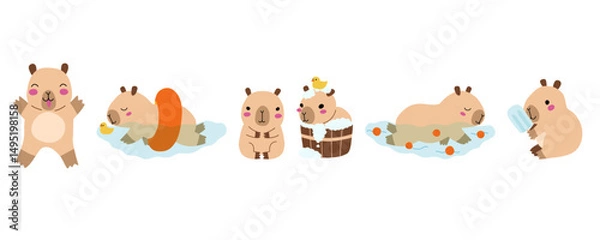 Obraz Cartoon capybara swimming with rubber duck, capybara in tub, summer cute capybara with ice cream set. Kawaii pet animal for card, decoration, print. Stock vector illustration isolated on white 