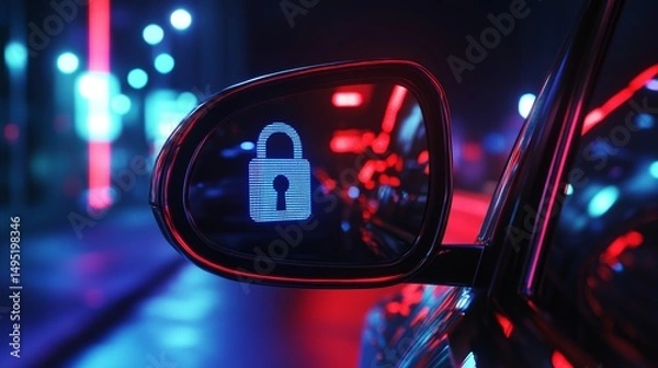 Obraz Floating Holographic Lock Above Rearview Mirror for Privacy in Smart City Driving
