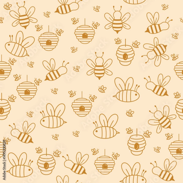Obraz Adorable Hand-Drawn Bees and Beehives Seamless Pattern Background