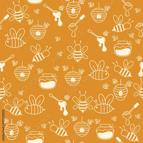 Obraz Adorable Hand-Drawn Bees and Beehives Seamless Pattern Background