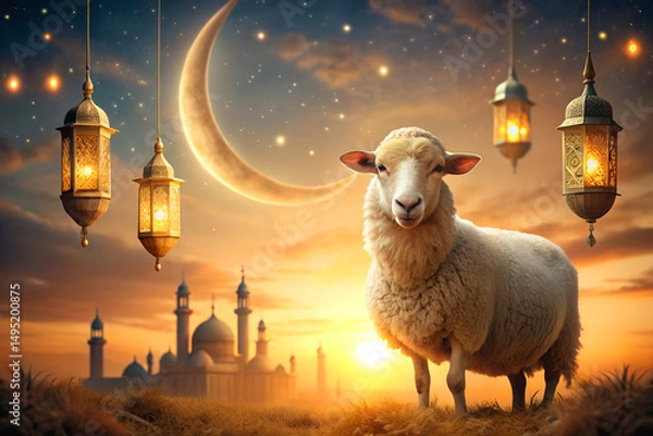 Fototapeta Majestic Sheep at Sunset with Islamic Lanterns and Mosque