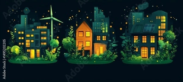 Fototapeta Night Cityscape with Green Spaces and Illuminated Buildings