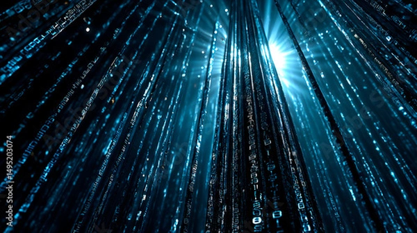Fototapeta Blue and black vertical binary code digital background with light rays and motion effect for technology projects