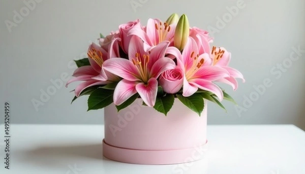 Obraz Pink roses & lilies in round hat box, white table, bouquet, holiday, flowers