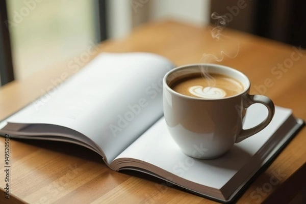 Obraz Open magazine, coffee steaming in mug, light wood surface, simple, mug, morning