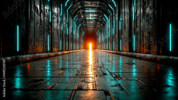 Fototapeta Dark sci-fi corridor with glowing light, teal and orange color grading, cinematic and detailed floor texture