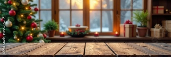 Obraz Rustic wooden tabletop against festive blurred Christmas window and shelf , festive, snow, photography