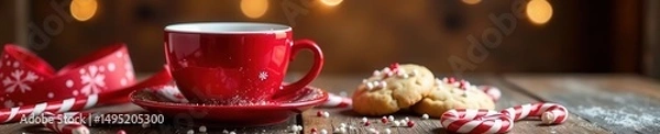 Obraz Red coffee cup, cookies, candy canes, festive ribbon , Christmas, beverage