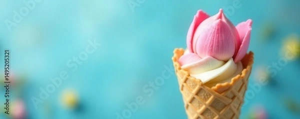 Obraz Wafer cone filled with tulip-shaped ice cream, spring flowers Blue background , floral, pastel