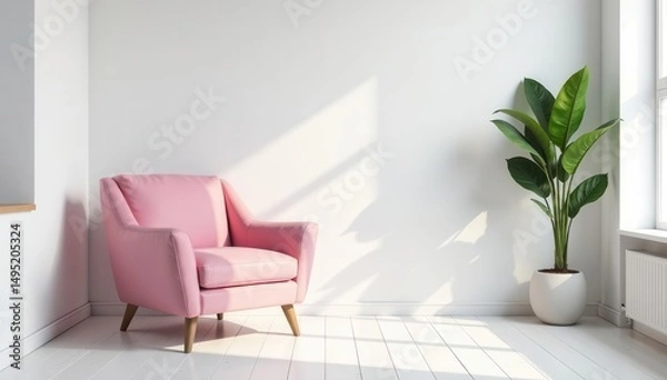Obraz Pink chair, white wall, minimalist living room , room, background, scandi