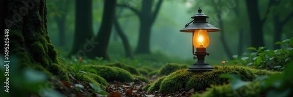 Obraz Old lamp sits on mossy forest ground, low light, deep shadows, atmosphere, aged
