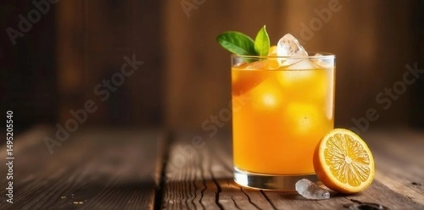 Obraz Orange liqueur in glass, ice, citrus, wood background, background, ice, red